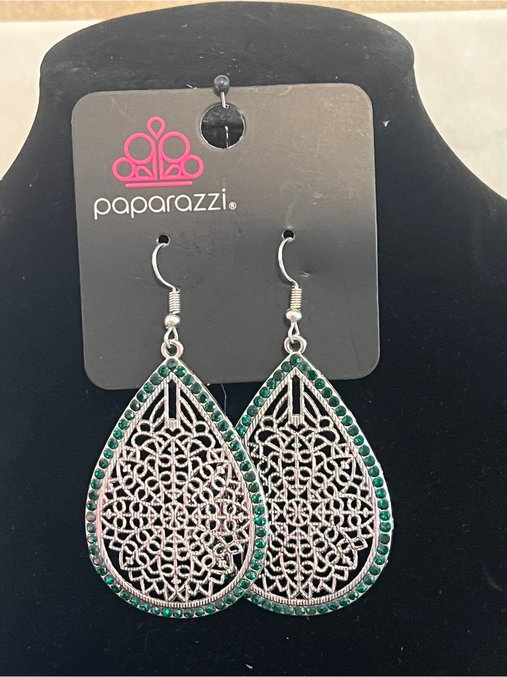 Paparazzi Silver Filigree Teardrop Earrings with Green Accents